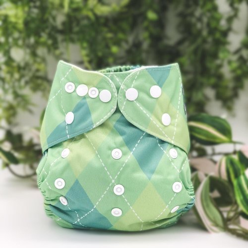 Pocket Cloth Diaper in Green Argyle Print "Harper" with 3-Layer Diaper Insert